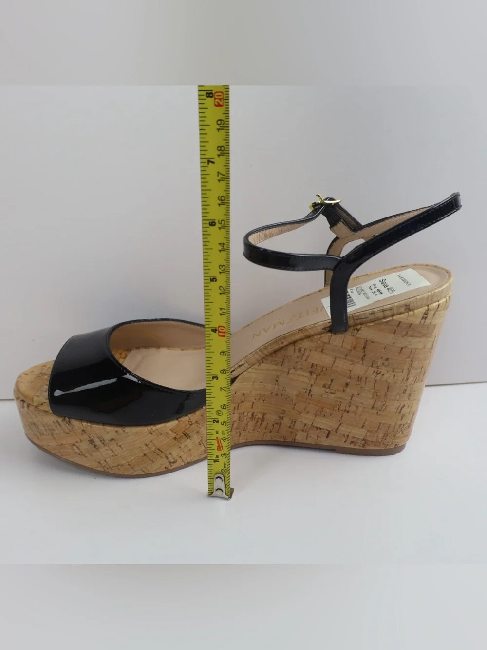 Stuart Weitzman Palmina Black Patent Leather Cork Wedge Sandal- 10- 0513